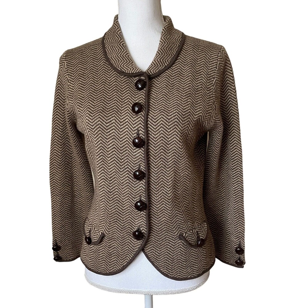 Banana Republic Womens Merino Wool Jacket Brown M Chevron Big Button Elbow Patch